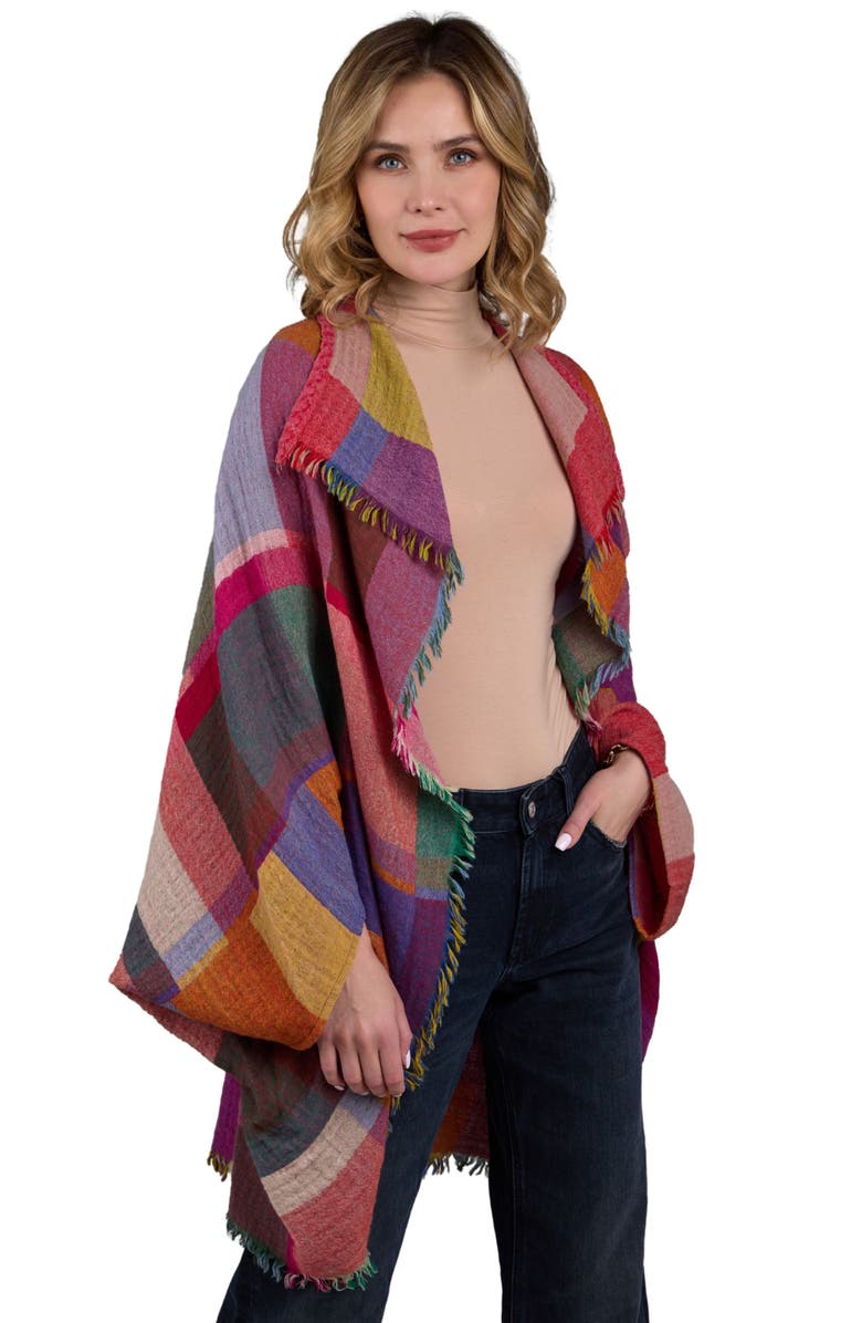 SAACHI Rainbow Plaid Wool Ruana, Alternate, color, Yellow Multi