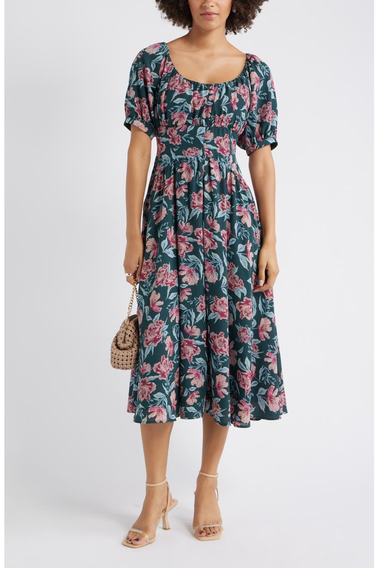 Floral Fit & Flare Midi Dress, Main, color, GREEN FRANNIE FLORAL