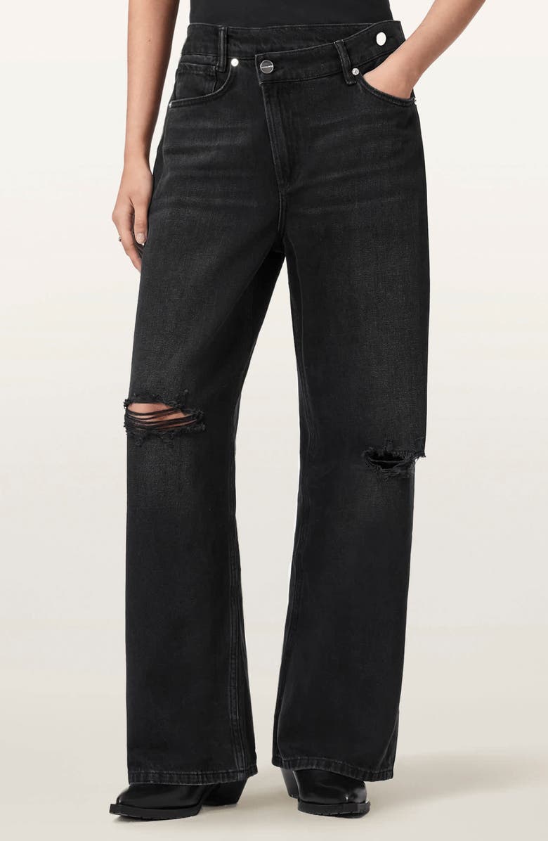 AllSaints Aki Crossover Ripped Wide Leg Jeans, Main, color, Destroy Black
