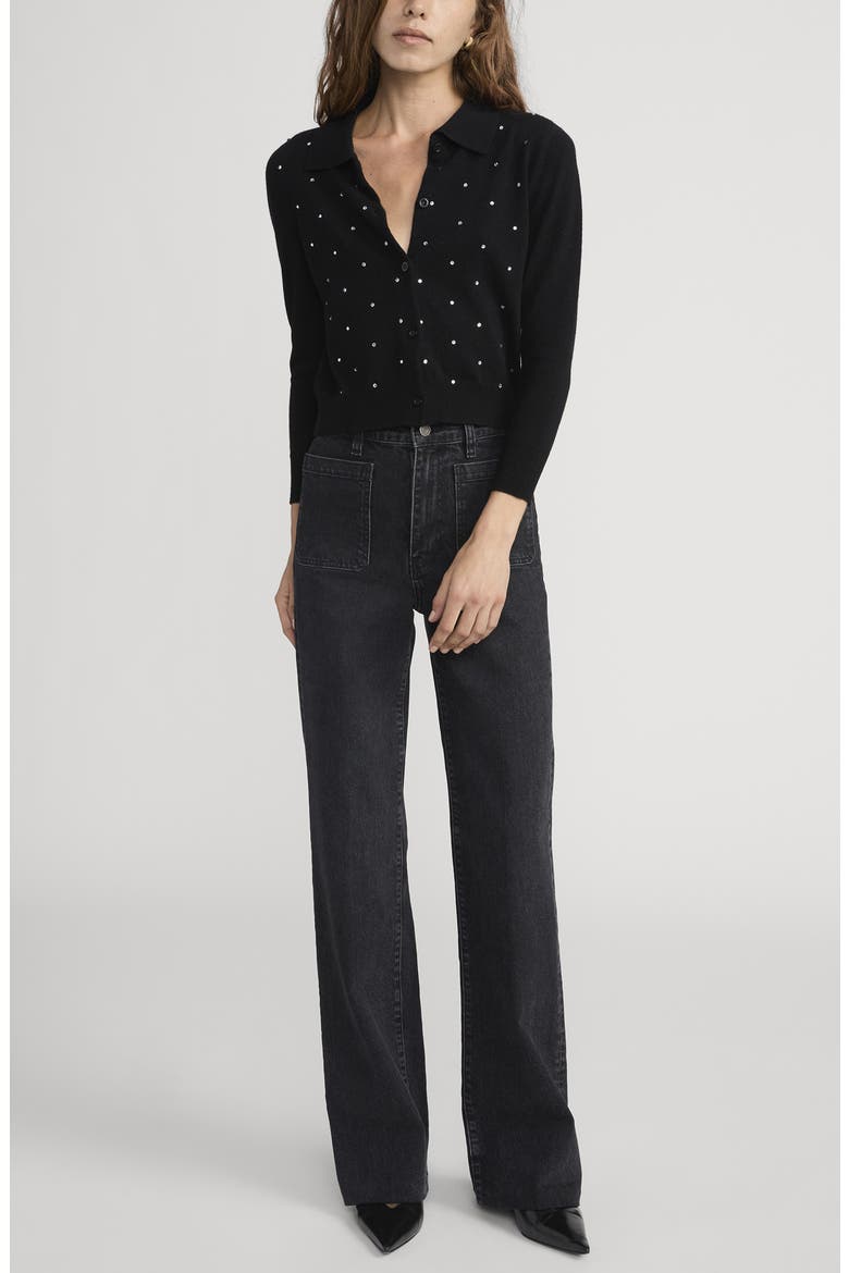 The Rhinestone Collared Wool & Cashmere Cardigan, Alternate, color, BLACK