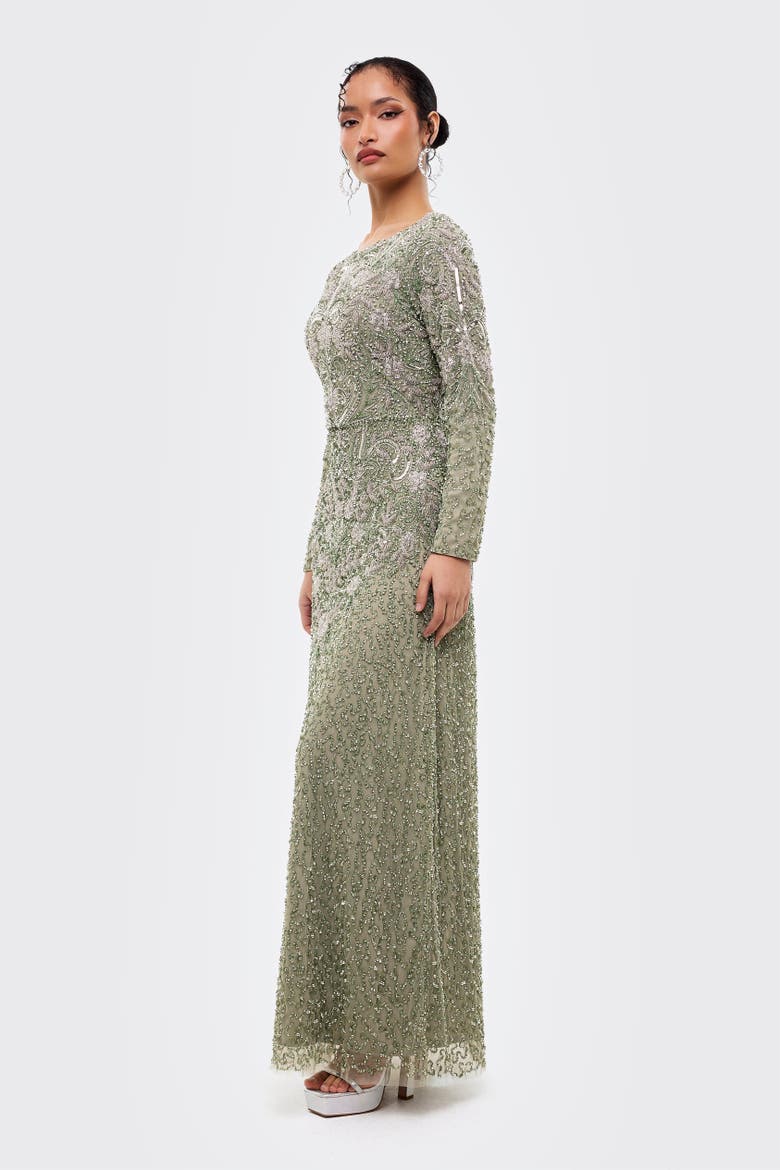 Modest Embellished Sequins Fitted Maxi Gown, Alternate, color, SAGE GREEN