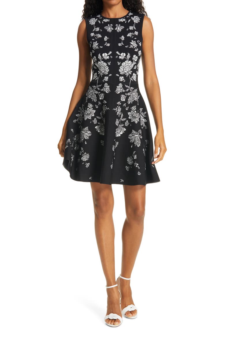 Naomyy Floral Jacquard Fit & Flare Dress, Main, color, BLACK
