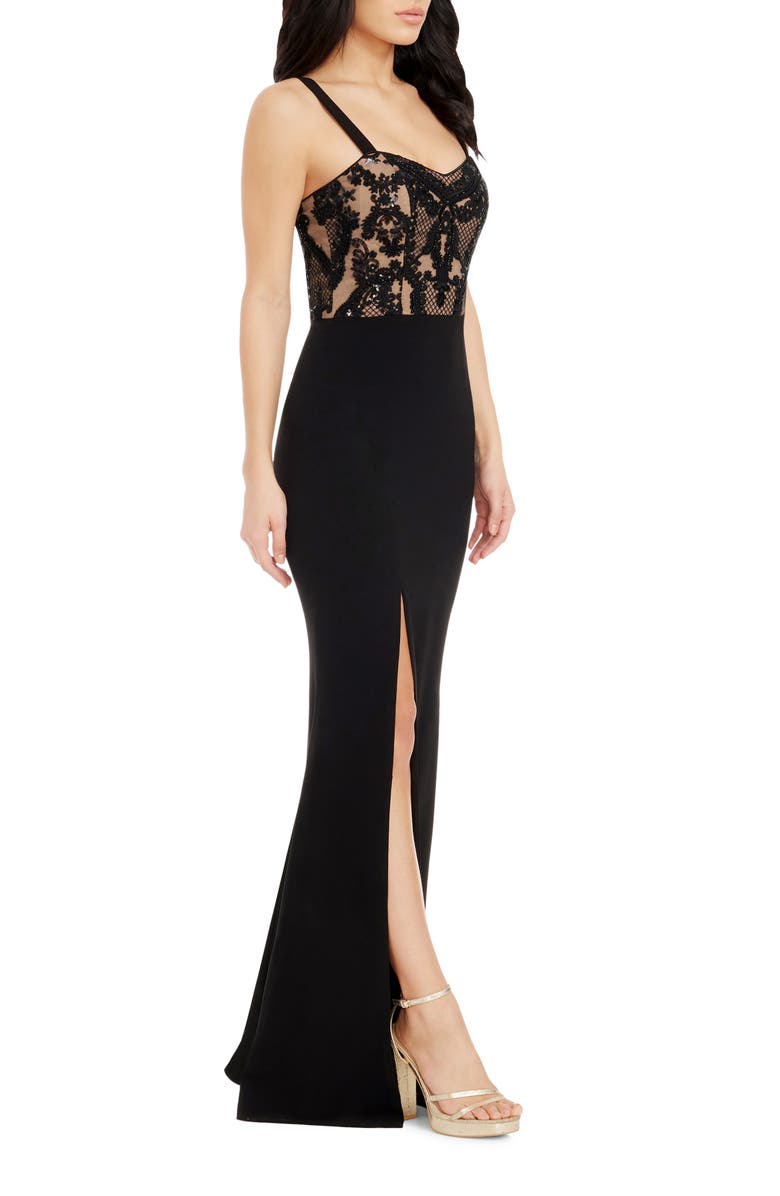 Dress the Population Monique Sequin Lace Bodice Gown, Alternate, color, Black/ Beige