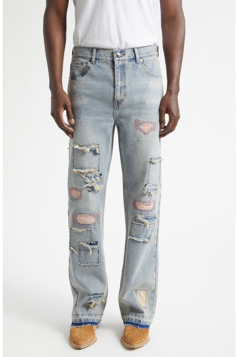 Texoma Distressed Patchwork Flare Leg Jeans, Main, color, LIGHT BLUE WASH