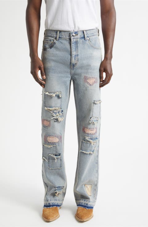 Texoma Distressed Patchwork Flare Leg Jeans (Light Blue Wash)