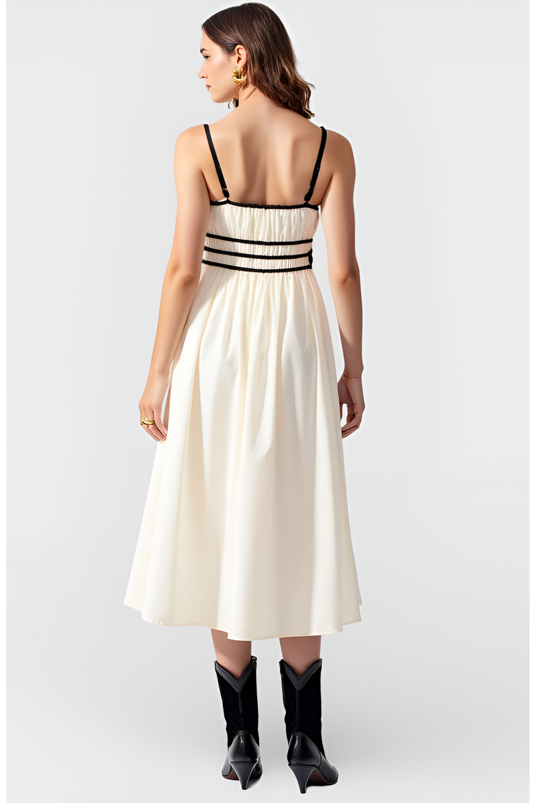 Smocked Waist Midi Dress with Contrast Trim and Spaghetti Straps, Alternate, color, Ivory / Black