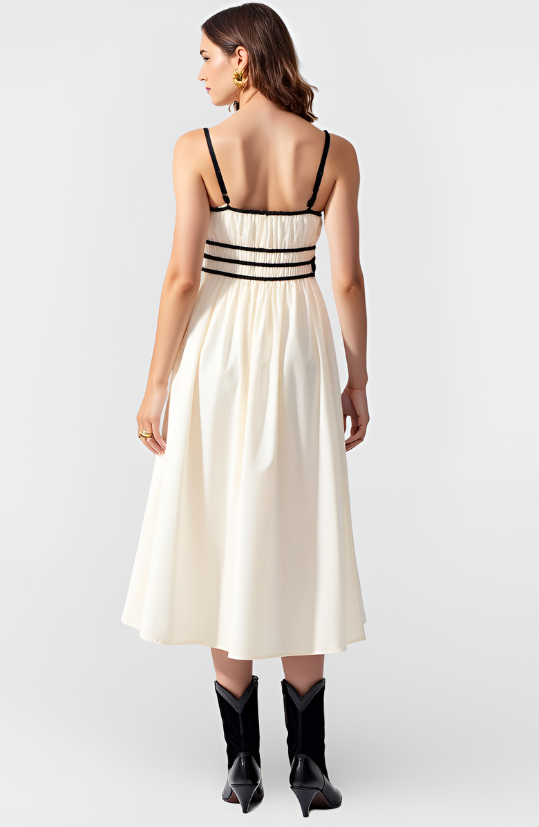 Modenaire Smocked Waist Midi Dress with Contrast Trim and Spaghetti Straps, Alternate, color, Ivory / Black