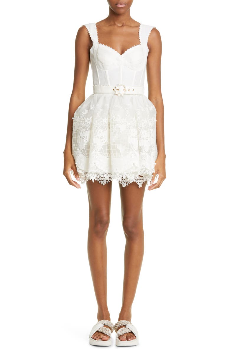 Zimmermann High Tide Embroidered Linen & Silk Bustier Minidress, Main, color, 