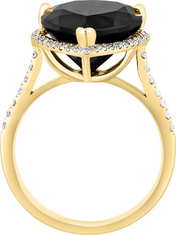 14K Yellow Gold Pear Cut Onyx & Diamond Halo Ring - 0.36ct.
