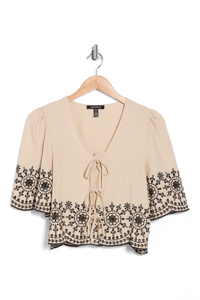 Eyelet Embroidered Tie Top, Alternate, color, LINEN