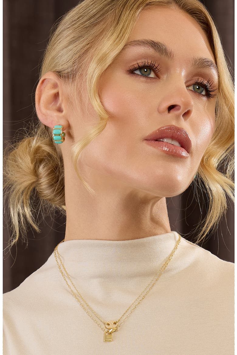 Turquoise Bezel Huggie Hoop Earrings, Alternate, color, GOLD