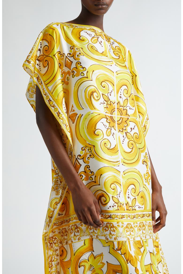 Majolica Print Silk Charmeuse Caftan Dress, Alternate, color, MIX MAIOLICA GIALLO