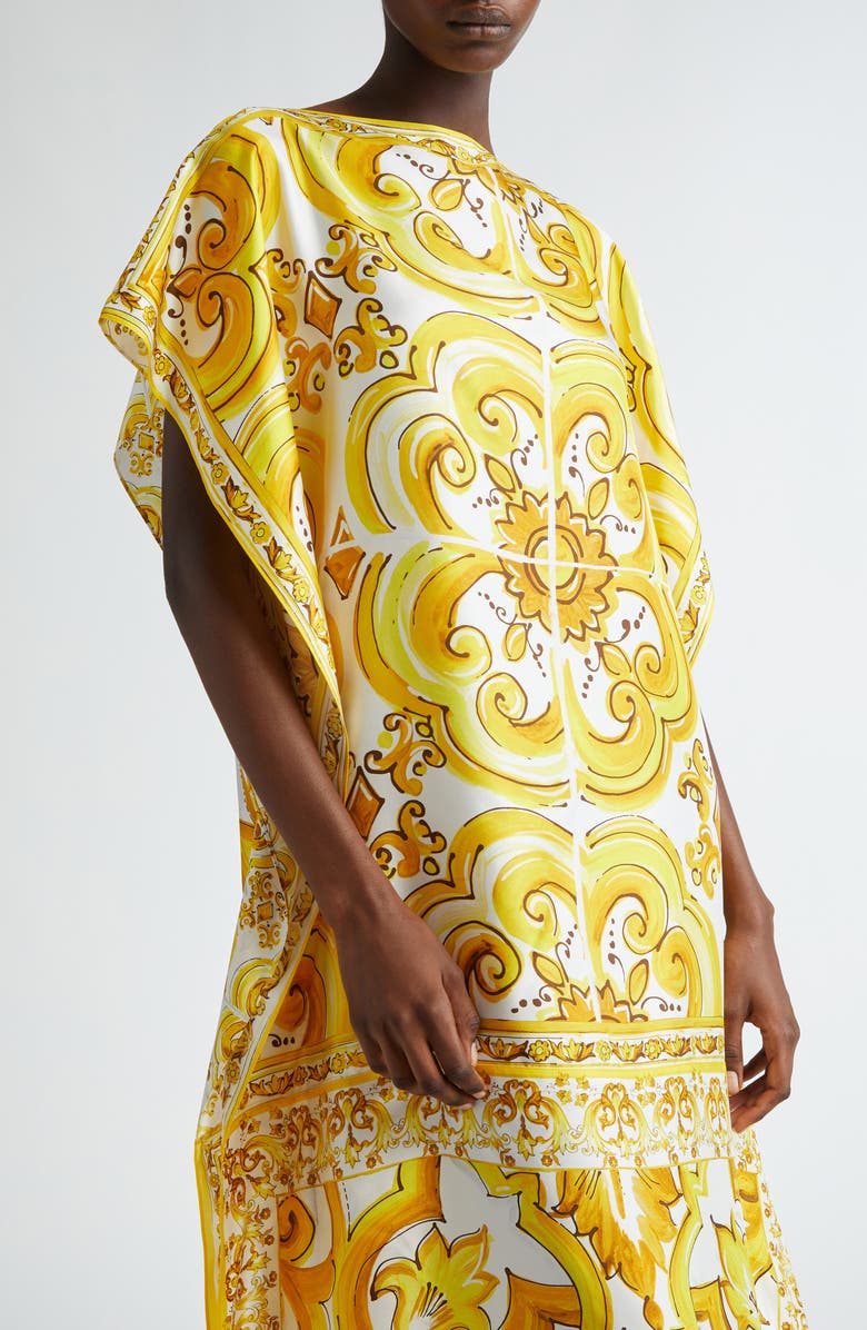 Dolce&Gabbana Majolica Print Silk Charmeuse Caftan Dress, Alternate, color, Mix Maiolica Giallo