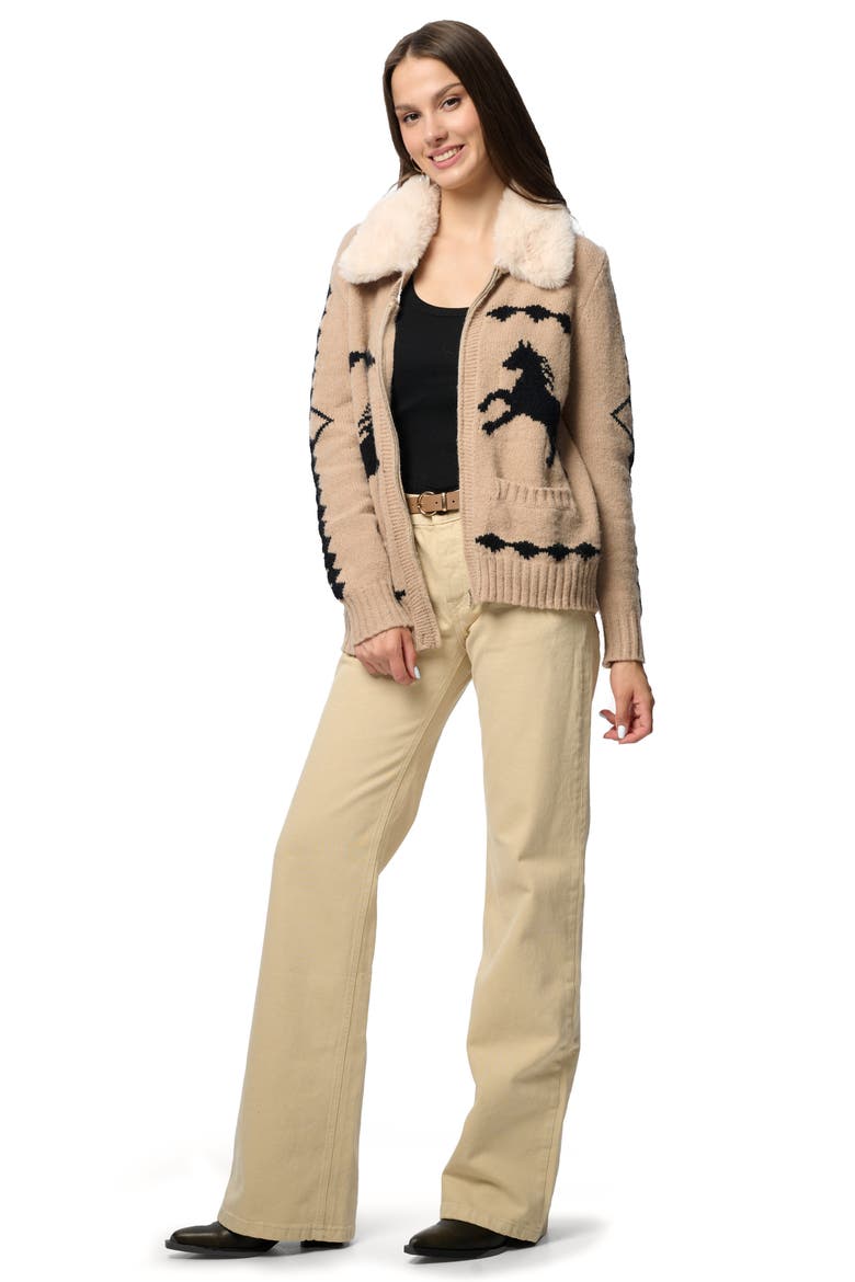 Horse Motif Cardigan with Faux Fur Collar, Alternate, color, BEIGE
