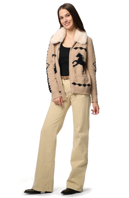 Saachi Horse Motif Cardigan With Faux Fur Collar In Neutral