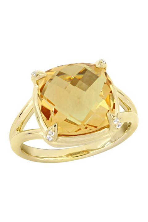Yellow Gold Plated Sterling Silver Citrine & White Topaz Stone Shank Ring