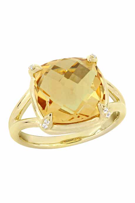 DELMAR Yellow Gold Plated Sterling Silver Citrine & White Topaz Stone Shank Ring