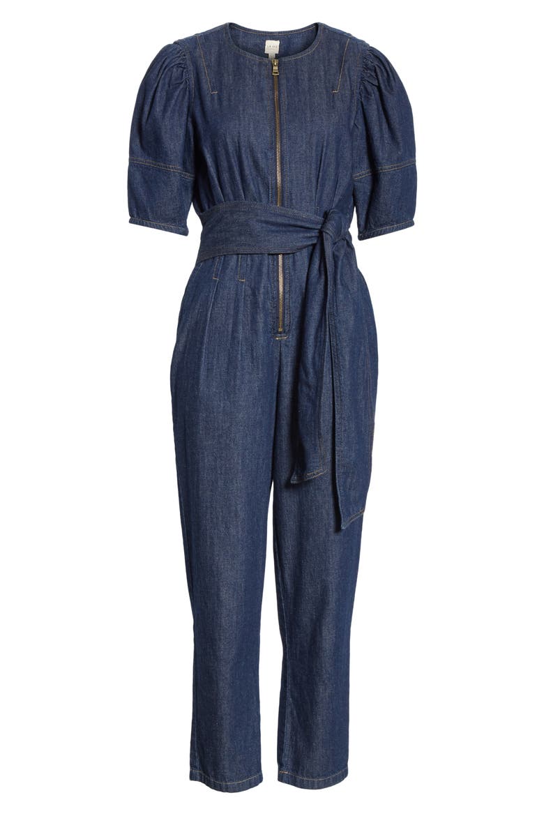 Puff Sleeve Denim Jumpsuit, Alternate, color, RINSE WASH
