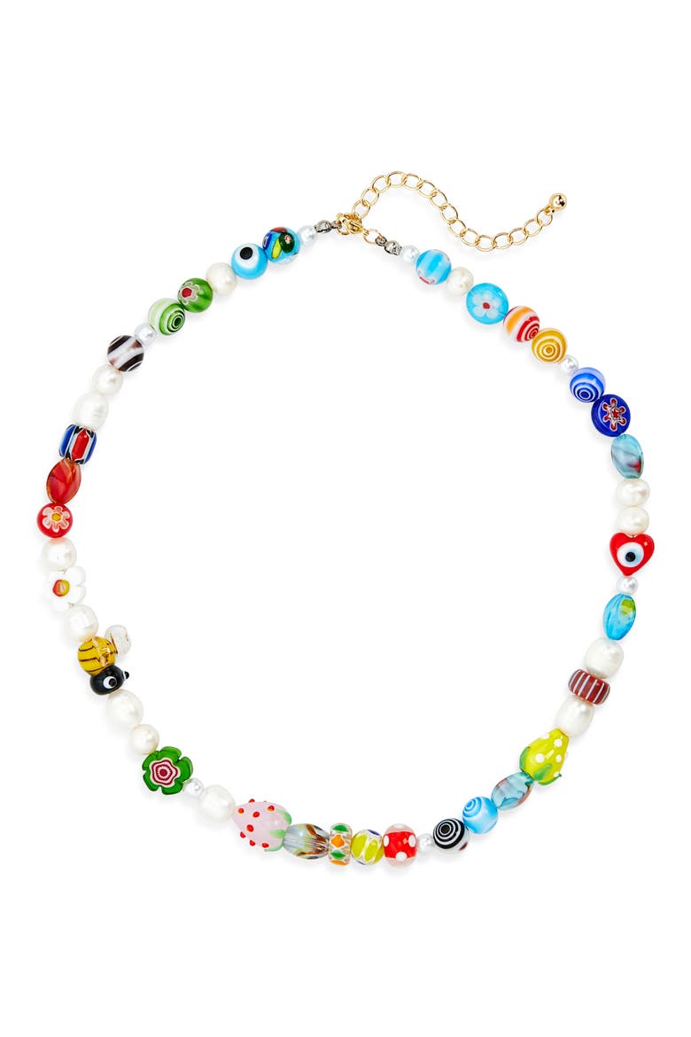 Milliefiori Bead & Faux Pearl Necklace, Main, color, WHITE/GOLD/MULTI