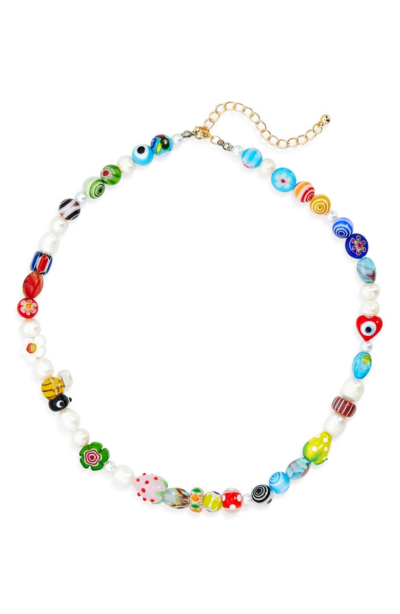 EYE CANDY LOS ANGELES Milliefiori Bead & Faux Pearl Necklace, Main, color, White/Gold/Multi