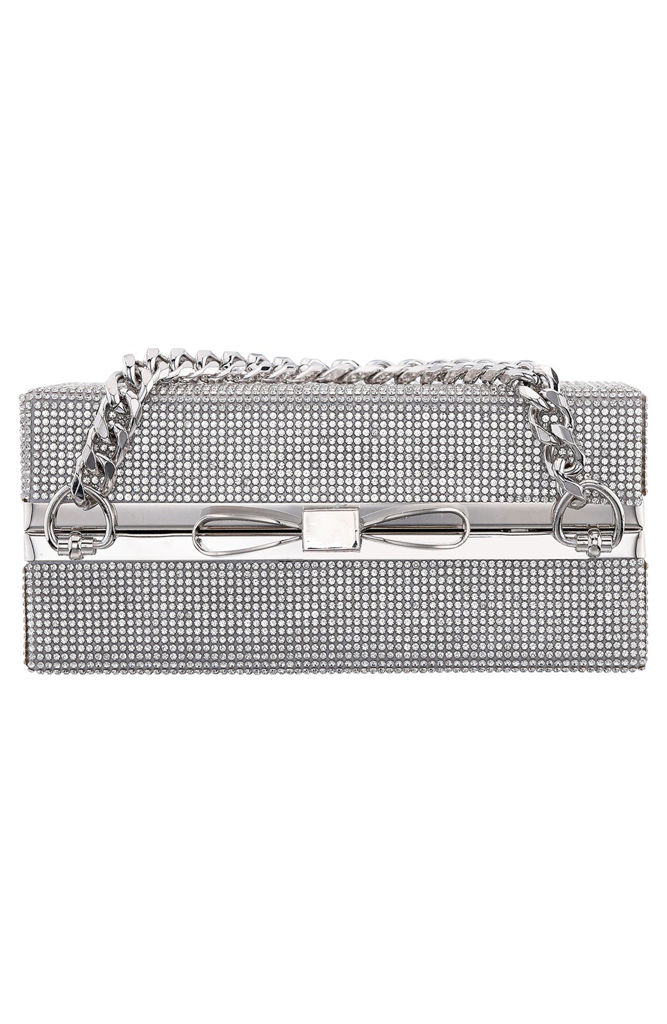 Regalo Crystal Bow Clutch, Alternate, color, SILVER