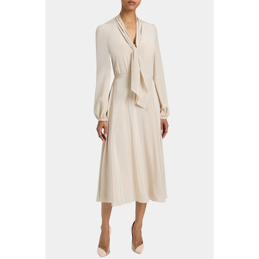 Santorelli Jenn Silk Midi Dress With Drop Neck Tie In Neutral