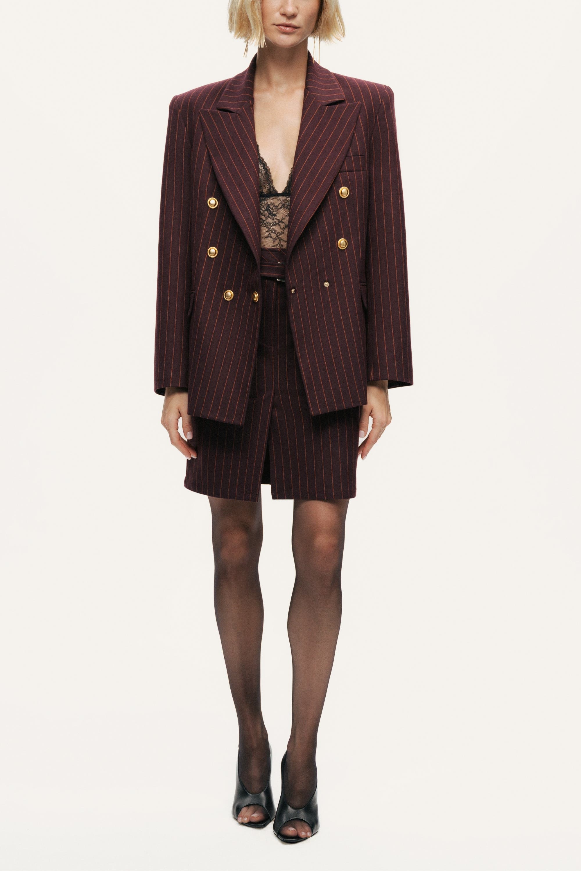 Pinstripe Belted Pencil Skirt - image 2