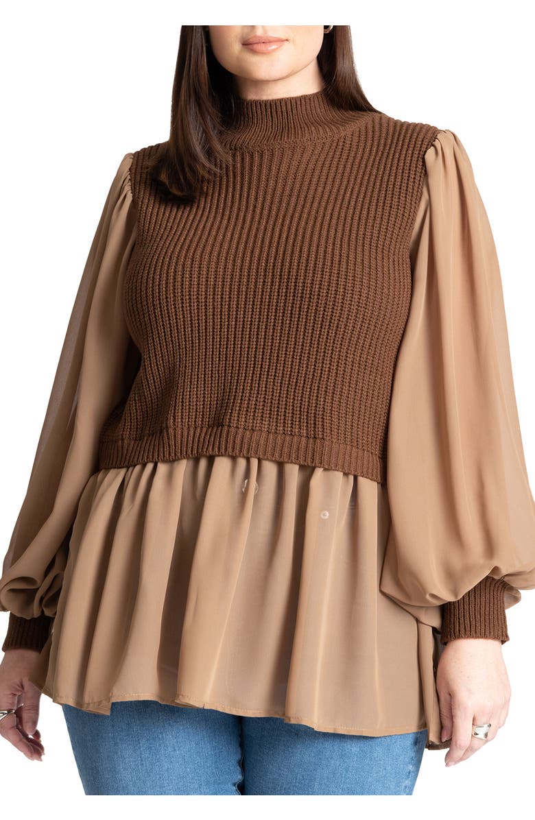 ELOQUII Twofer Sweater With Chiffon, Main, color, Downtown Brown
