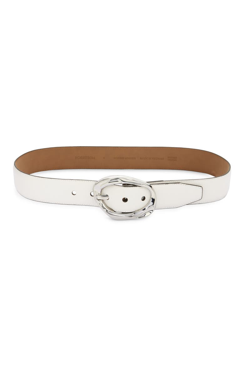 Cora Oval Buckle Leather Belt, Main, color, IVORY- SILVER