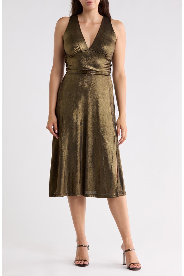 Lurex V-Neck Sleeveless Midi Dress, Main, color, GOLD