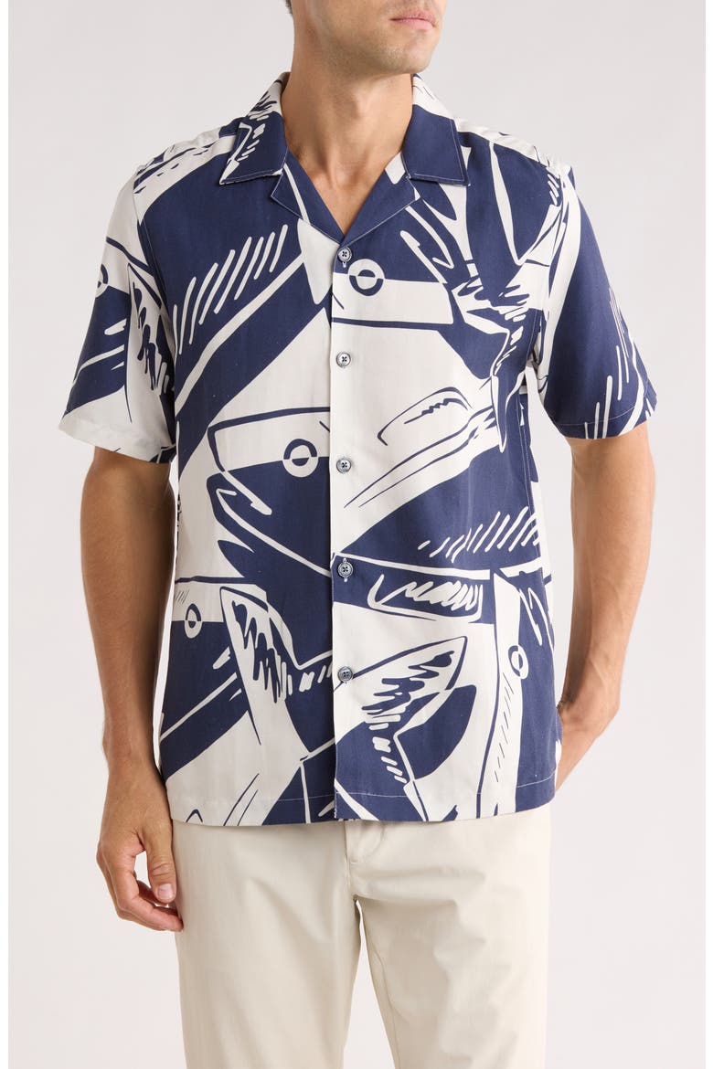 Heukels Fish Print Camp Shirt, Main, color, NAVY