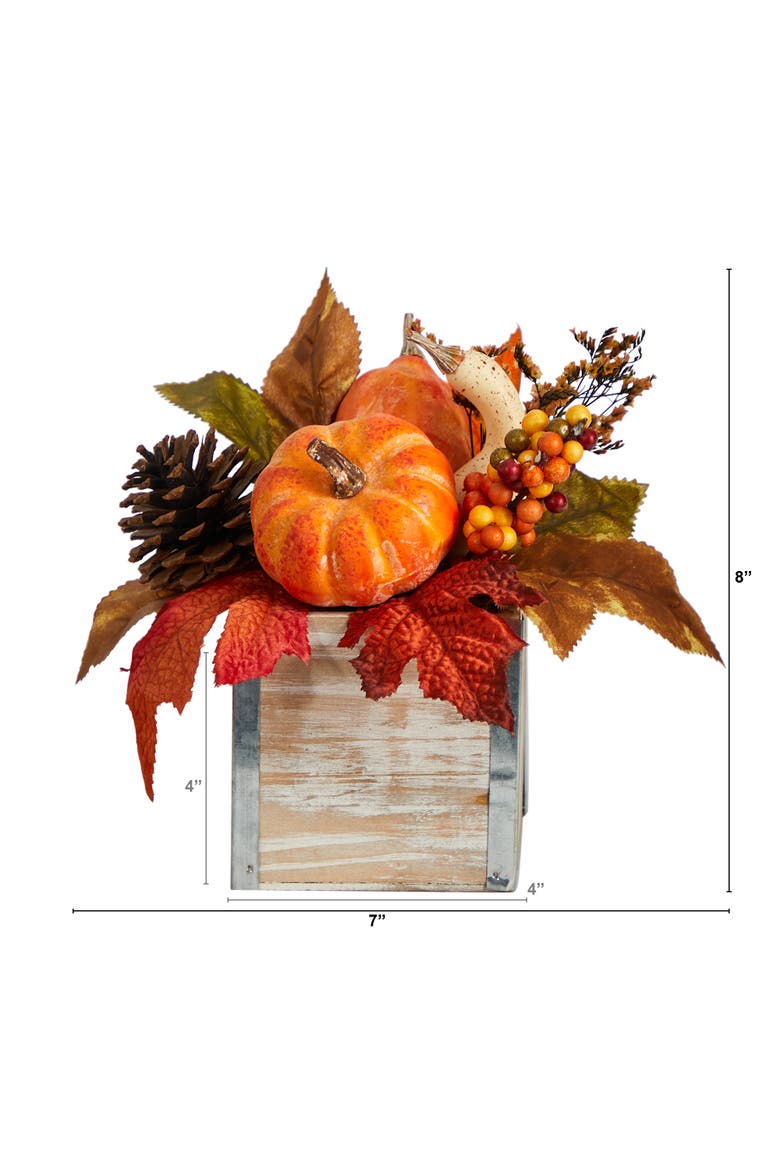8-in Fall Pumpkin, Gourd, Berries and Pinecones Artificial Autumn Arrangement in Natural Washed Vase, Alternate, color, Orange