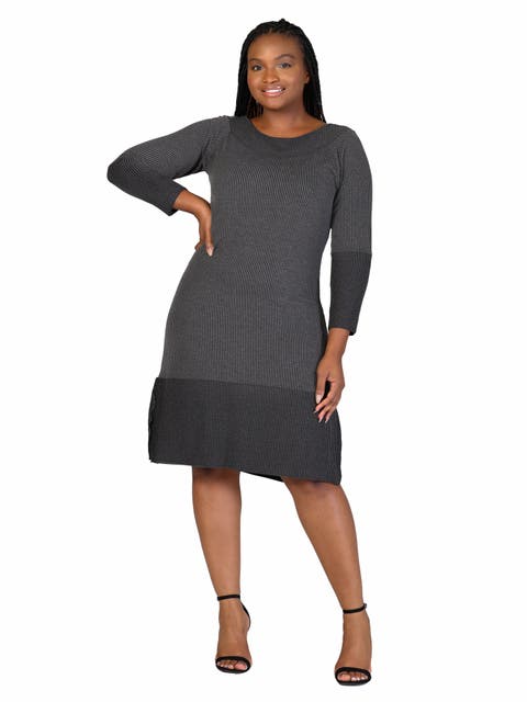 Ribbed Knit Long Sleeve Split Hem Sweater Dress