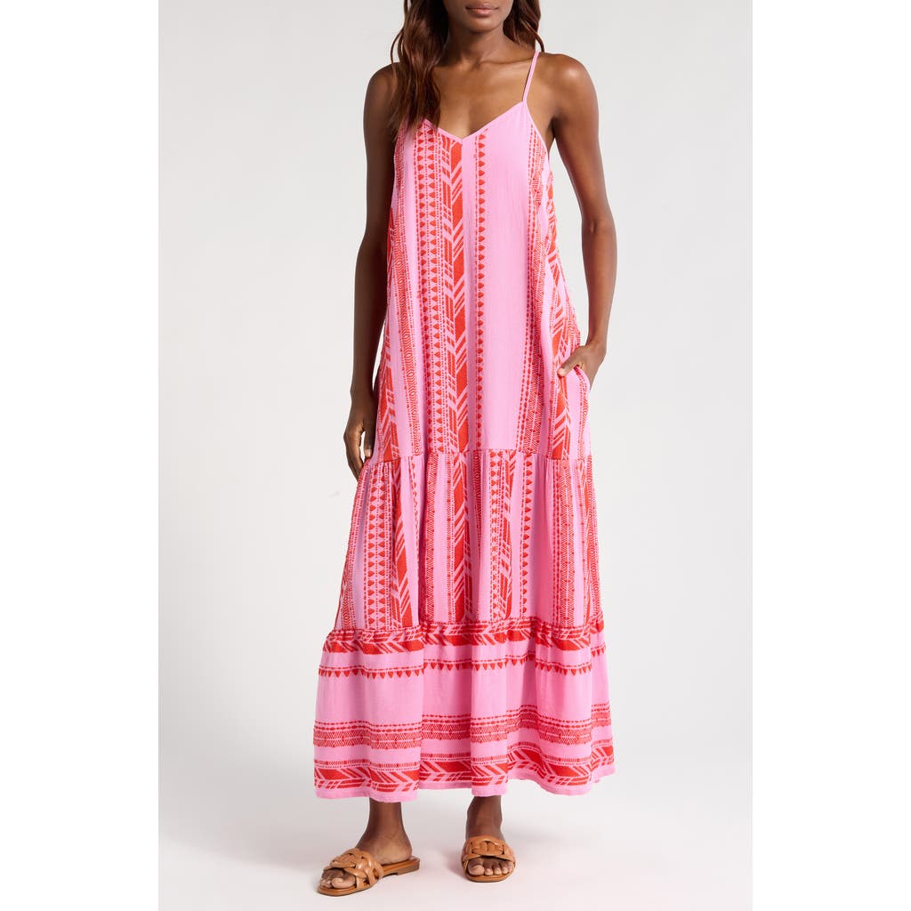 Shop Elan Embroidered Tiered Cotton Blend Cover-up Maxi Dress In Red Two Tone