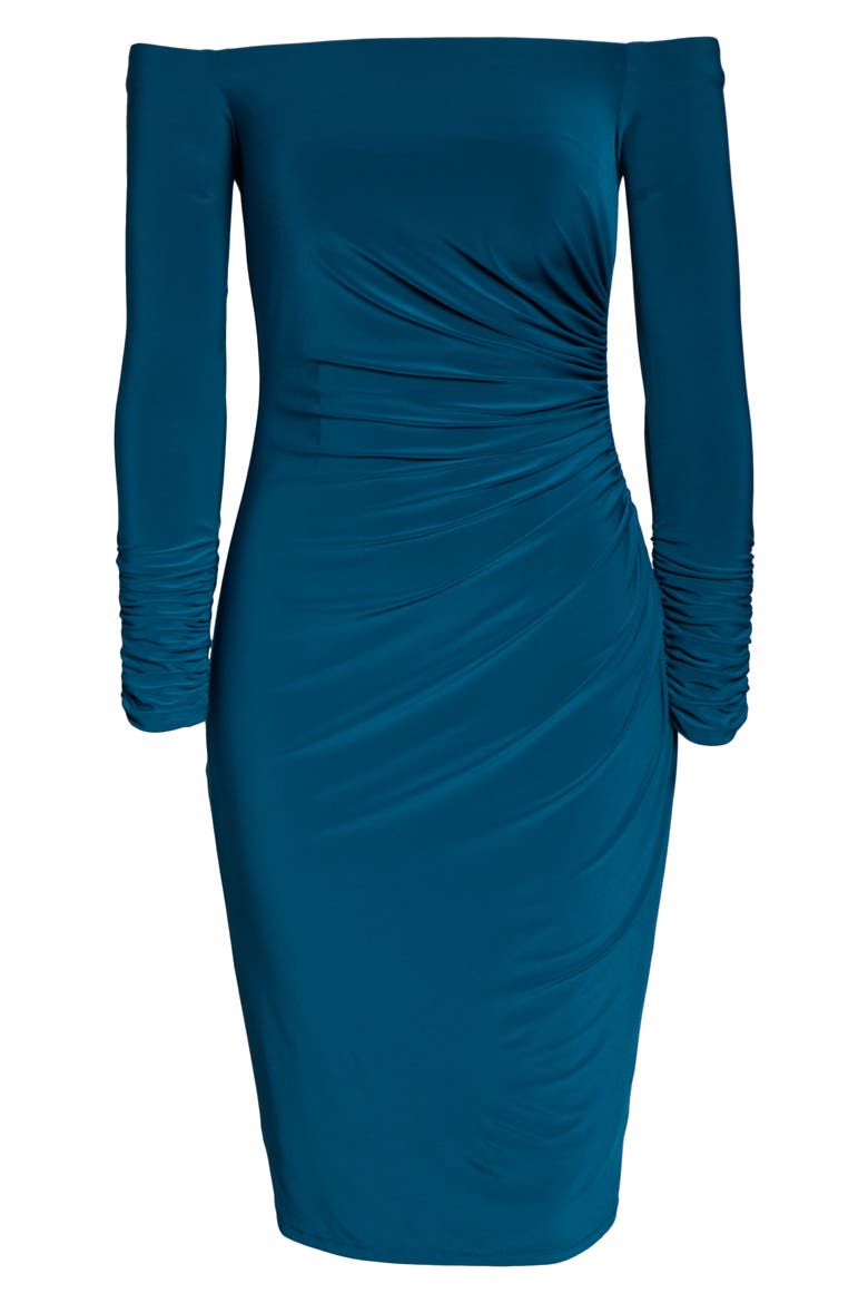 Off the Shoulder Long Sleeve Ruched Cocktail Dress, Alternate, color, PEACOCK