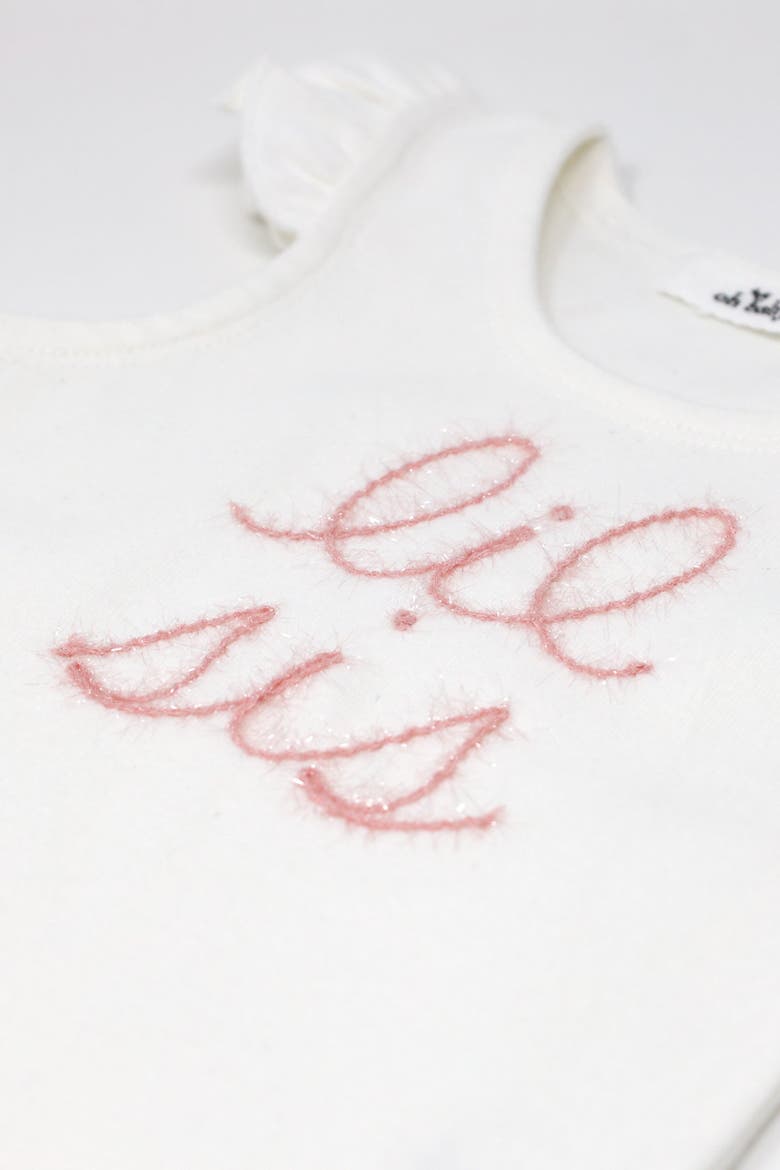"lil sis" Pink Embroidered Cotton Baby Rib Flutter Sleeve Tank, Alternate, color, Cream
