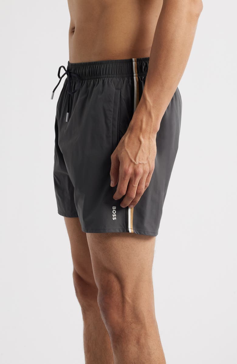BOSS Iconic Side Stripe Swim Trunks, Alternate, color, Charcoal