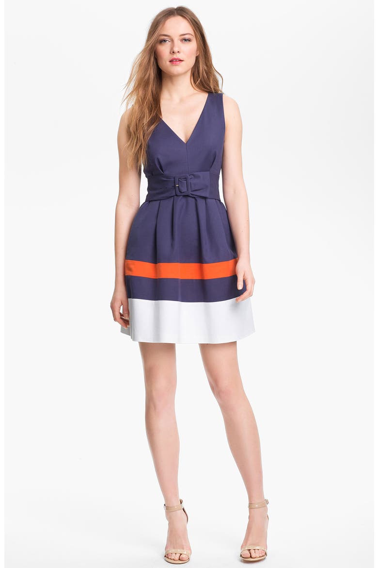 'sawyer' cotton blend fit & flare dress, Main, color, FRENCH NAVY/ VALENCIA/ WHITE