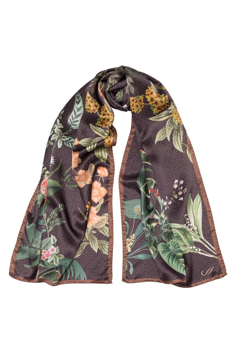Sara - Long Satin Silk Scarf for Women, Main, color, Chocolate