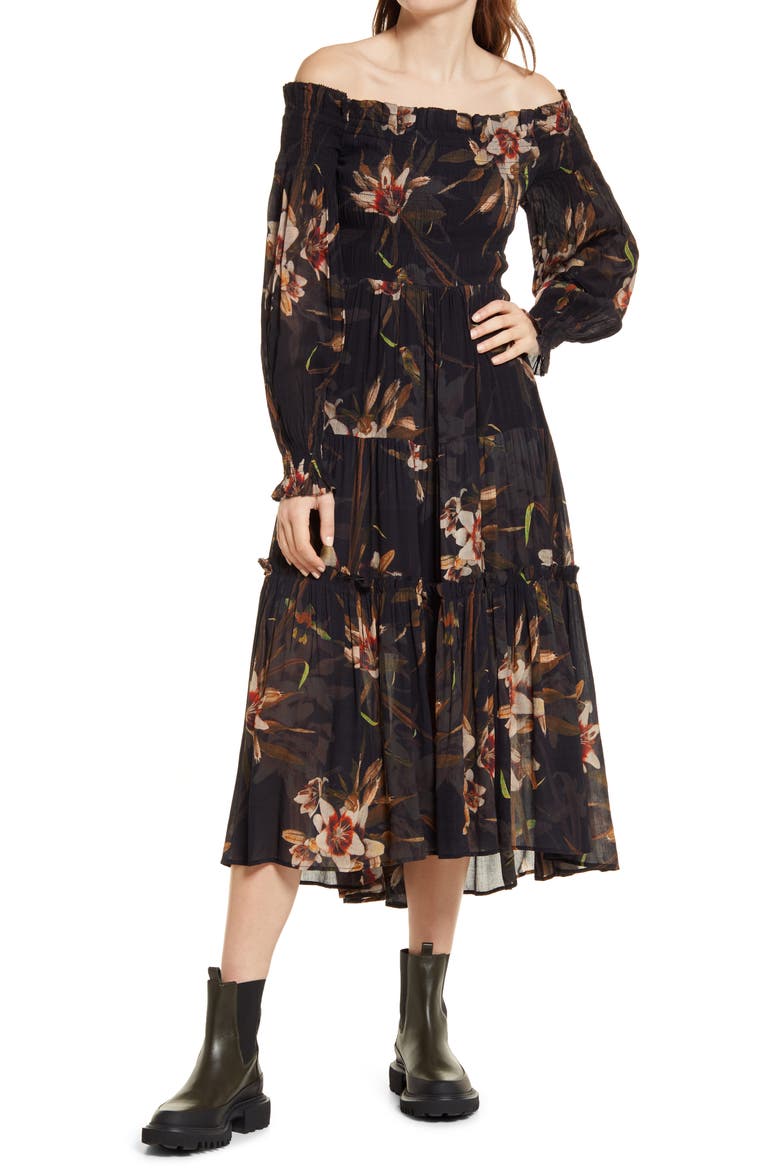 Lillemor Kuroyuri Floral Long Sleeve Midi Dress, Alternate, color, BLACK