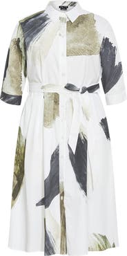 City Chic Angel Brushstroke Belted Cotton Shirtdress