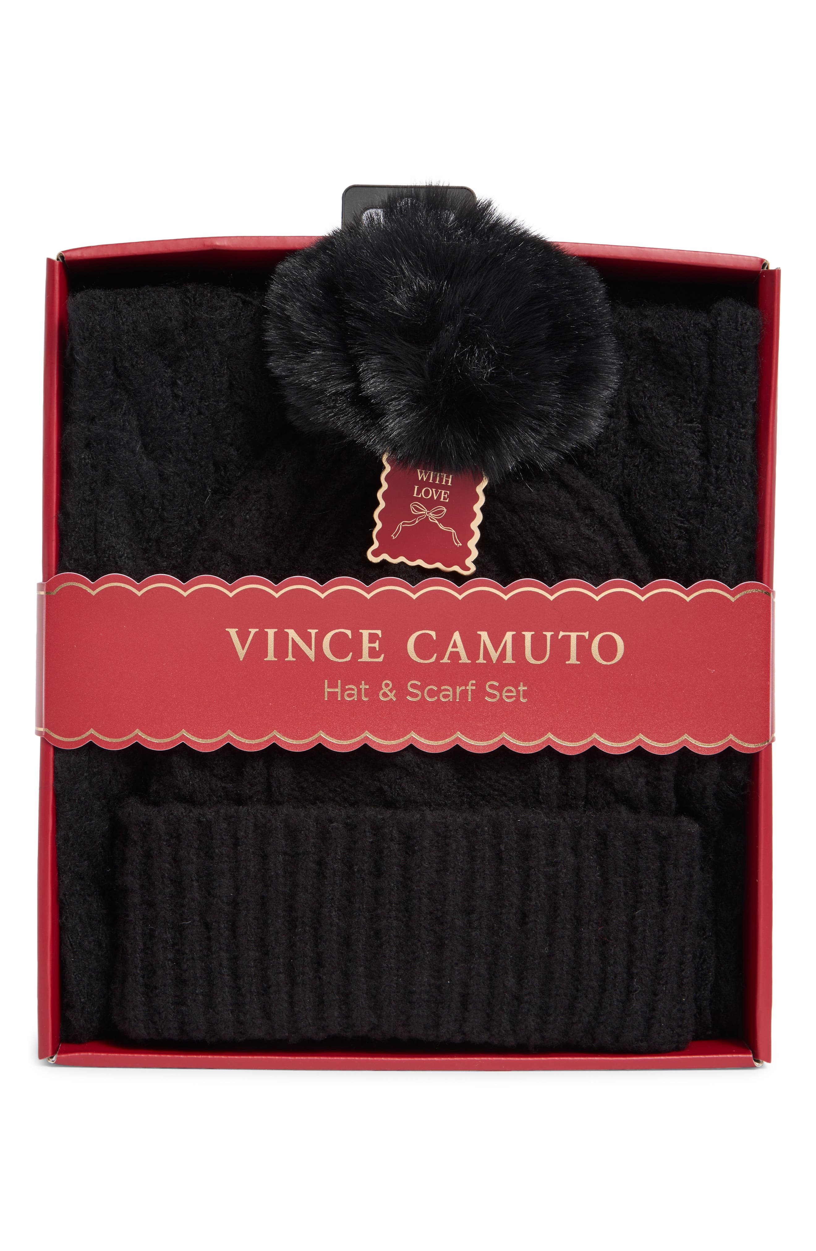 Vince Camuto Cable Stitch Scarf &amp; Faux Fur Pompom Beanie Set
