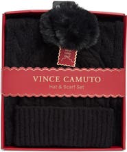 Vince Camuto Cable Stitch Scarf & Faux Fur Pompom Beanie Set