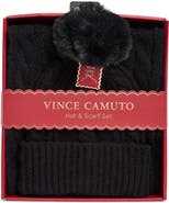 Vince Camuto Cable Stitch Scarf & Faux Fur Pompom Beanie Set