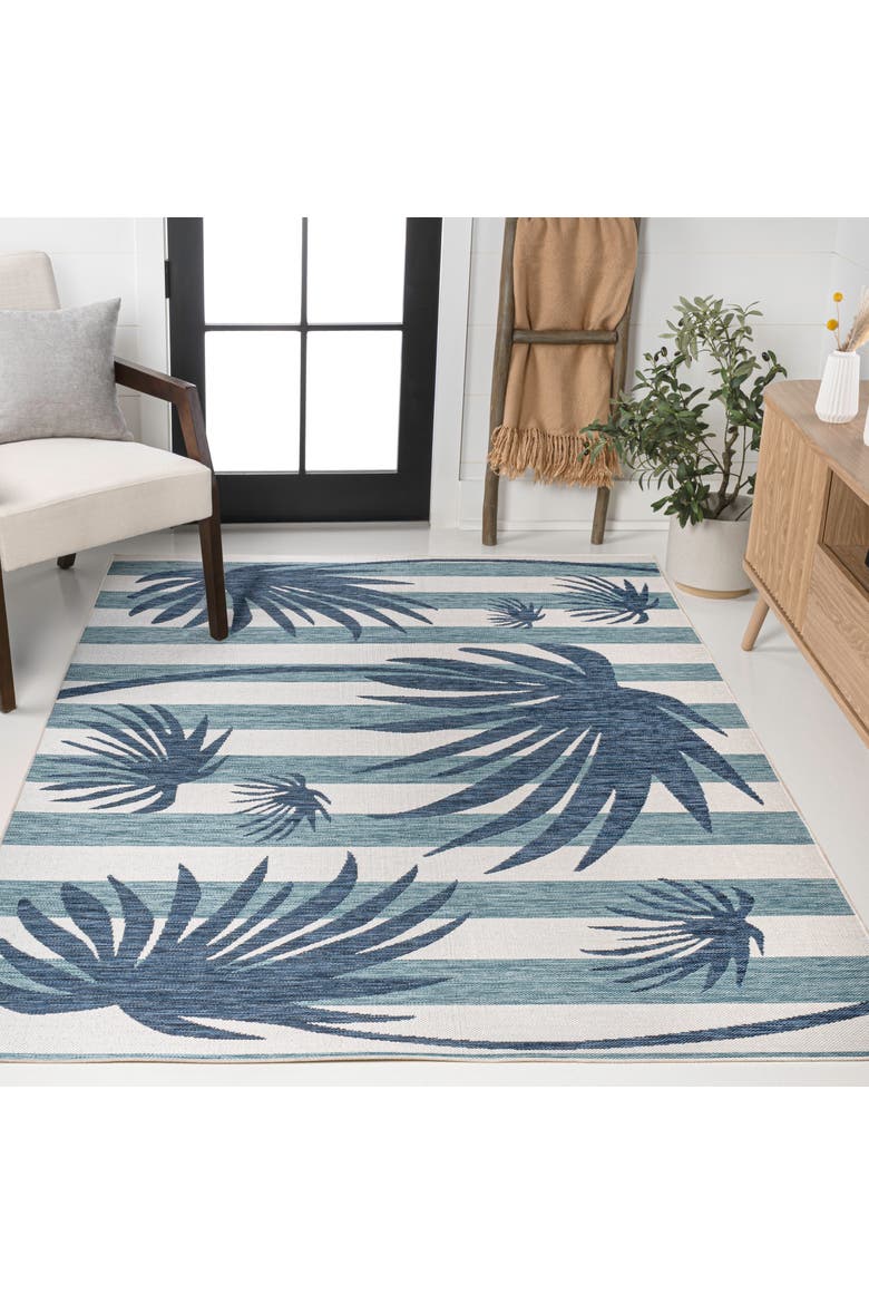 Veronica Classic Beach Stripe and Palm Leaf Indoor/Outdoor Rug, Alternate, color, Navy/Cream