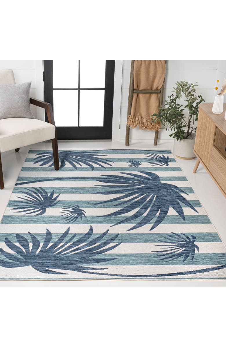 JONATHAN Y Veronica Classic Beach Stripe and Palm Leaf Indoor/Outdoor Rug, Alternate, color, Navy/Cream