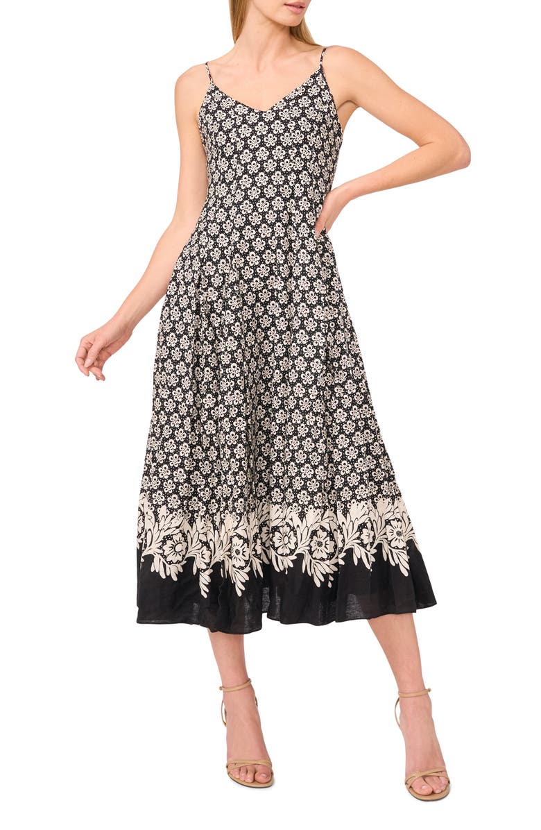CeCe Mixed Floral Linen Blend Dress, Main, color, Rich Black