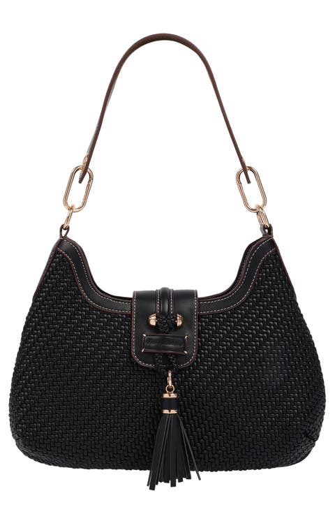 Tassel Tab Woven Faux Leather Hobo