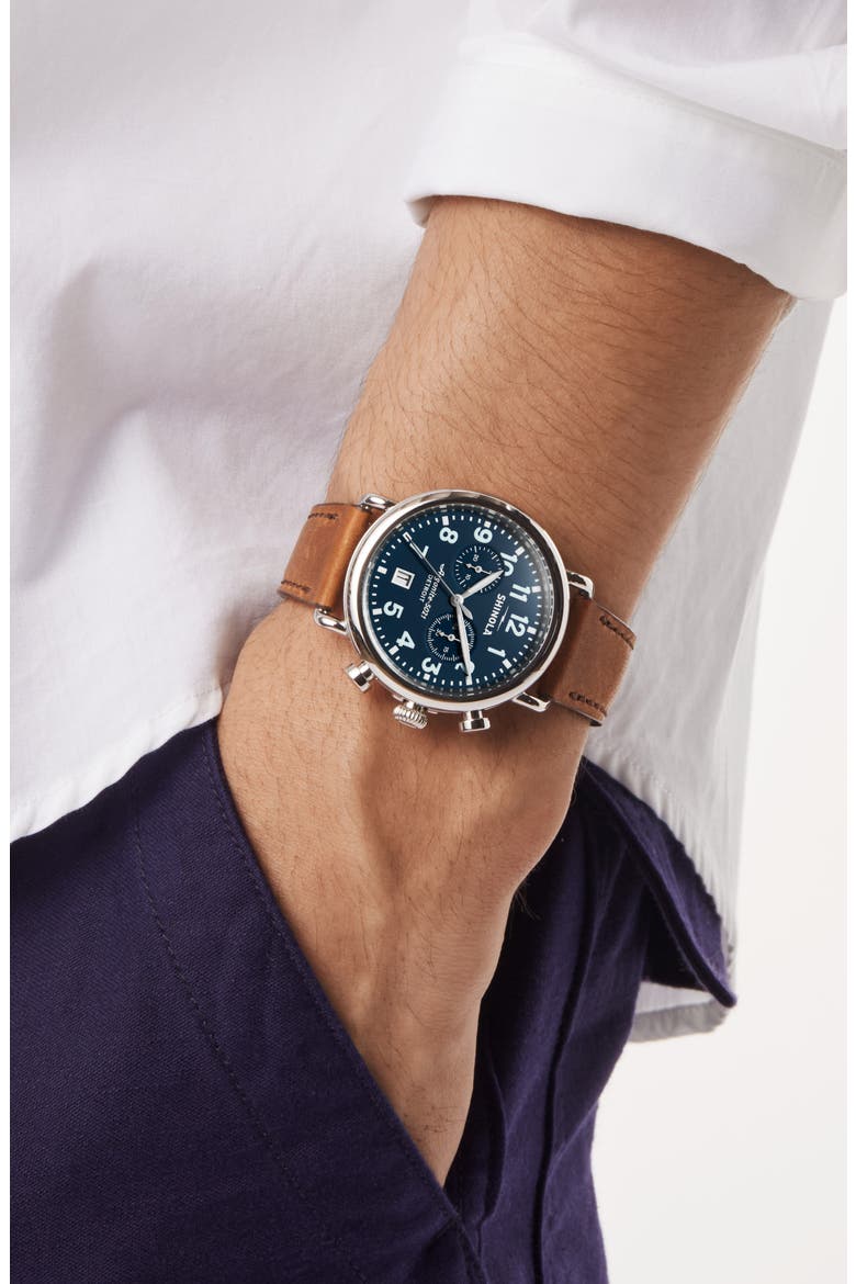 Runwell Chronograph Leather Strap Watch, 41mm, Alternate, color, MIDNIGHBLU