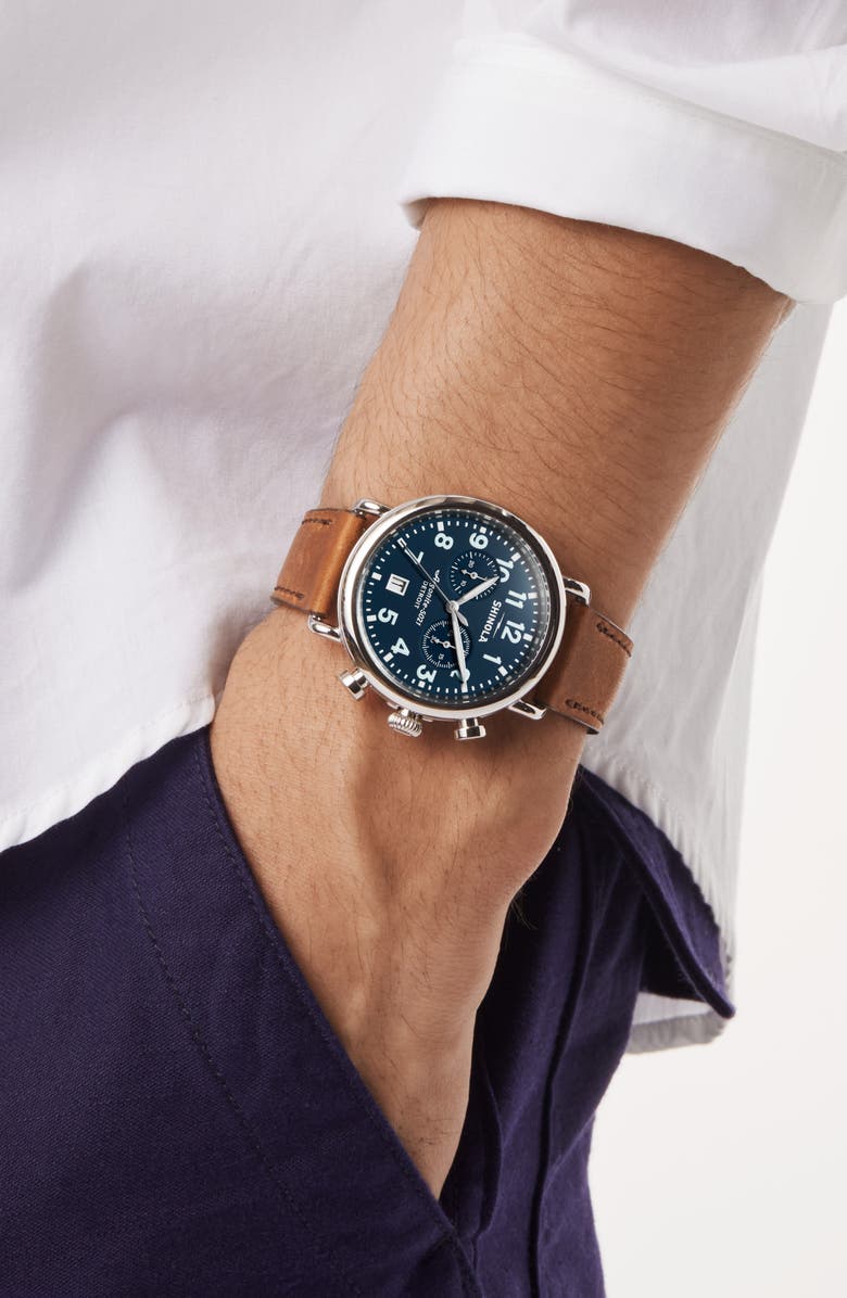 Shinola Runwell Chronograph Leather Strap Watch, 41mm, Alternate, color, Midnighblu